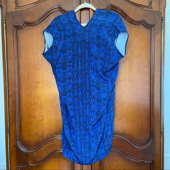 Vince Double V-Neck Silk Cobalt Blue Coastal Combo Print Dress | Small - Picture 5 of 10
